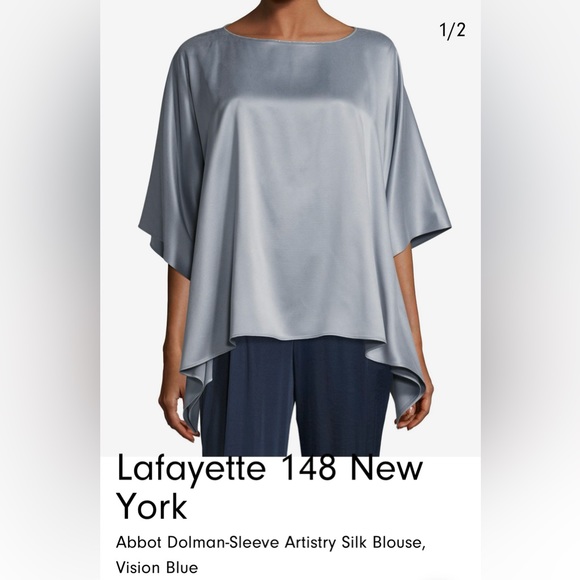 Lafayette 148 New York Woman Abbot Dolman Artistry Sleeve Blouse Vision Blue XL - Picture 1 of 5